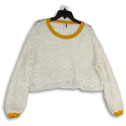 Womens White Yellow Crochet Long Sleeve Cropped Pullover Sweater Size M