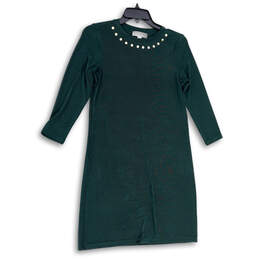 Womens Green Studded 3/4 Sleeve Round Neck Knee Length Shift Dress Size XS