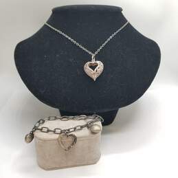Sterling Silver Scroll Heart Pendant Necklace & 5" Bracelet Bundle 3pcs. 20.0g
