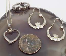 Romantic 925 Sterling Silver Claddagh Hoop Earrings Ring & Open Heart Pendant Necklace 6.3g alternative image