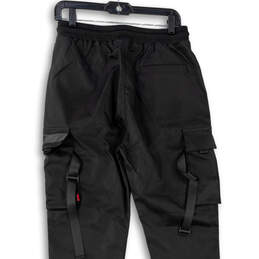Mens Black Elastic Waist Cargo Pockets Tapered Leg Jogger Pants Size Medium