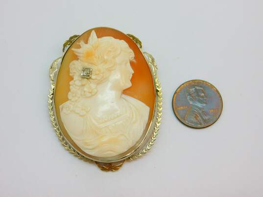 Vintage 14K White Gold 2mm Diamond Unique Carved Shell Cameo Brooch 18.3g image number 3