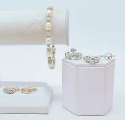 Romantic 925 Sterling Silver Diamond Accent Pearl & CZ Rings & Bracelet 23.3g