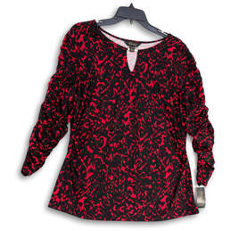 NWT Womens Black Red Keyhole Neck Long Sleeve Pullover Blouse Top Size XL