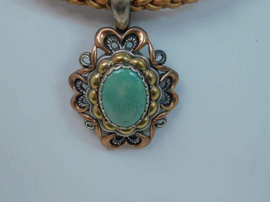 925 Copper, Brass & Leather Carolyn Pollack Green Turquoise Enhancer Pendant Necklace image number 3