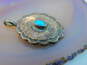 Artisan 925 Southwestern Turquoise Cabochon Stamped Scalloped Oval Pendant 2.6g image number 1