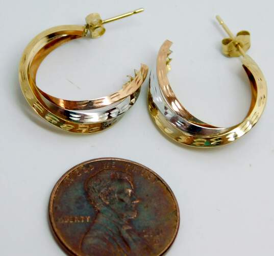 14K Yellow White & Rose Gold Etched Interlocking Semi Hoop Post Earrings 1.2g image number 6