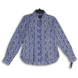 NWT Womens Blue White Geometric Print Long Sleeve Button Up Shirt Size 8