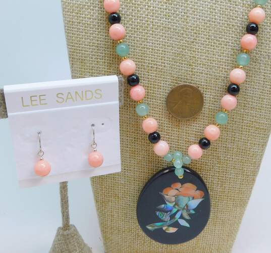 Designer Lee Sands Coral, Onyx & Abalone Necklace & Earrings image number 2