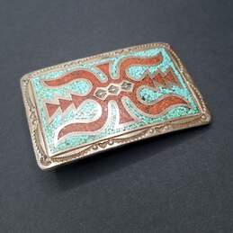 JTS 925 Turquoise & Coral Chip - Inlay Southwest Stamped Belt Buckle 534.8g