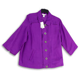 NWT Womens Purple 3/4 Sleeve Collared Pockets Button Front Jacket Size 1X