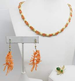 VNTG Gold Tone Coral, Faux Pearl & Nephrite Jewelry