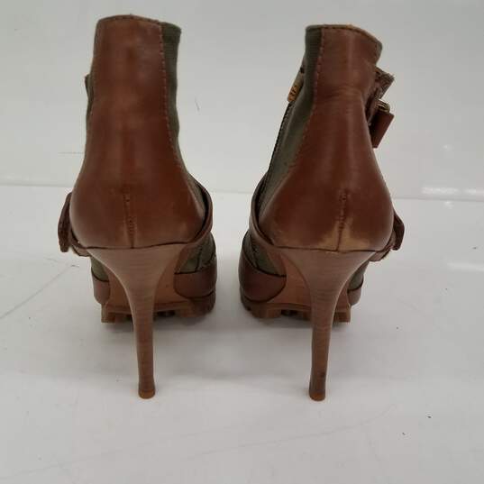 Tory Burch Oren Leather Olive Tan Canvas Peep Toe Stiletto Pump Bootie Size 10 image number 4