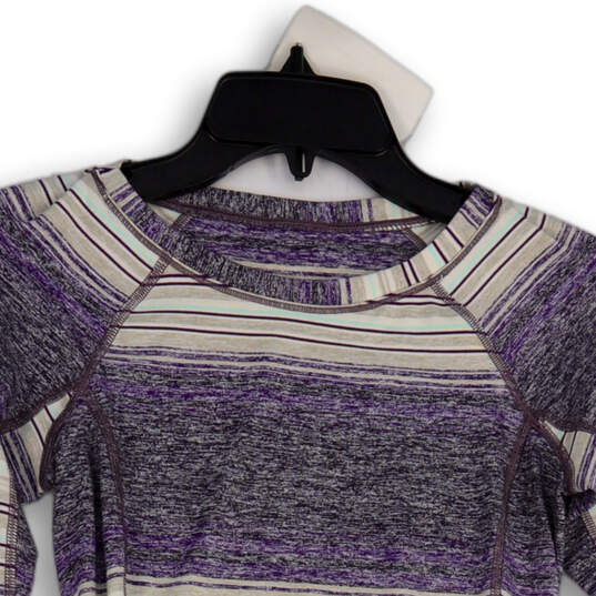 Womens Purple Gray Striped Thumbhole Long Sleeve Activewear T-Shirt Size 2 image number 2