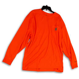 Men Orange Round Neck Long Sleeve Front Pocket Pullover T-Shirt Size 2XL