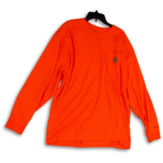 Men Orange Round Neck Long Sleeve Front Pocket Pullover T-Shirt Size 2XL image number 1