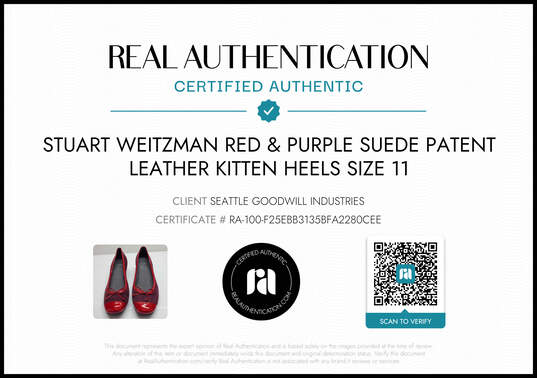 Stuart Weitzman Women's Purple Suede Red Patent Leather Trim Kitten Heels Size 11 AUTHENTICATED image number 2