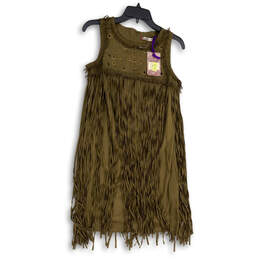 NWT Womens Brown Round Neck Sleeveless Fringe Faux Suede A-Line Dress Sz XS