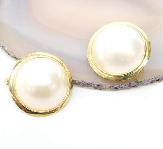 14K Yellow Gold Faux Pearl Clip On Earrings 5.1g image number 2