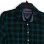 Womens Navy Blue Green Spread Collar Long Sleeve Half Button Shirt Size M image number 3