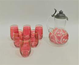VNTG Bohemian Ruby Red Cut Clear Etched Glass Stag Deer Stein Pitcher & Glasses