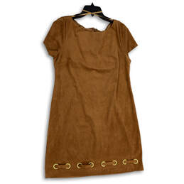 NWT Womens Brown Round Neck Short Sleeve Back Zip Shift Dress Size 14