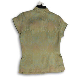Womens Green Satin Batik Print Short Sleeve Band Collar Chinese Blouse Sz M alternative image
