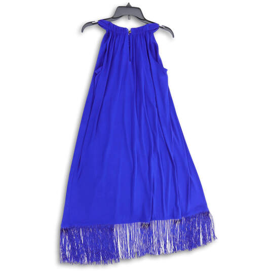 NWT Womens Blue Sleeveless Fringed Hem Keyhole Back Midi Shift Dress Size 0 image number 2