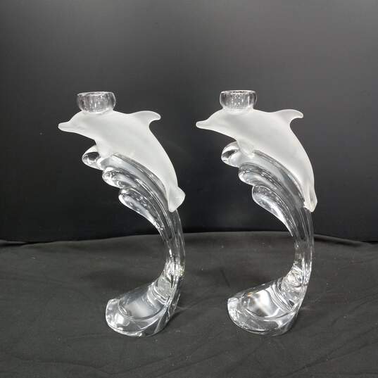 2pc Set of Lenox Full Lead Crystal Dolphin Candlesticks image number 2