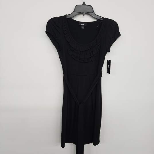 Black Scoop Neck Ruffles Dress With Sash image number 1