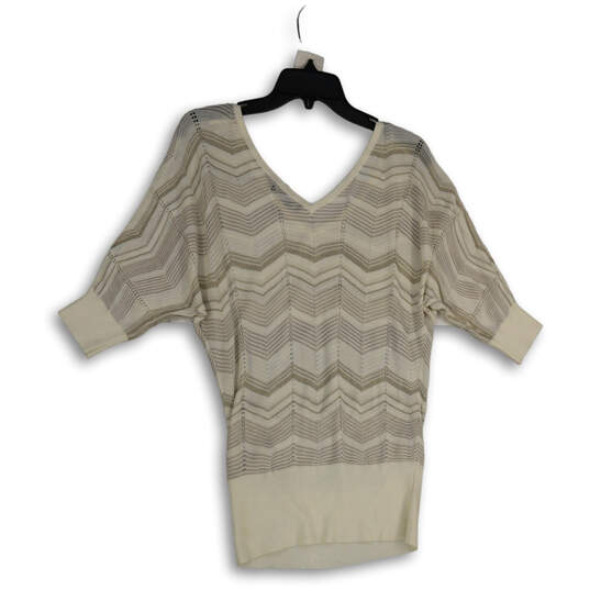 Womens White Gold Chevron Short Sleeve V-Neck Pullover Sweater Size M image number 2