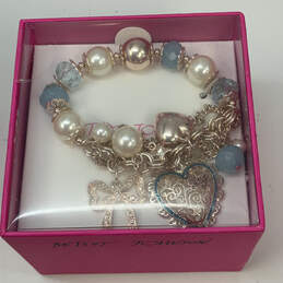 Designer Betsey Johnson White Pearl Heart Shape Charm Bracelet With Box