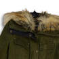 Womens Green Faux Fur Collar Long Sleeve Flap Pocket Military Jacket Size M image number 3