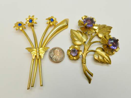 Vintage Gold Tone Purple Glass & Blue Rhinestone Floral Spray Statement Brooches 40.1g image number 4