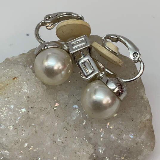Designer Swarovski Silver-Tone Pearl Rhinestone Clip On Stud Earrings image number 1