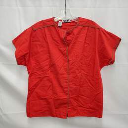 VTG Regina Porter WM's Red & Tan Trim Button Short Sleeve Cotton Blouse Size 12