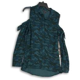 NWT Rock & Republic Womens Blue Camouflage Spread Collar Blouse Top Size Medium