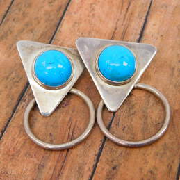 Vintage Taxco Mexican Modernist 925 Sterling Silver Faux Turquoise Statement Earrings 30.0g