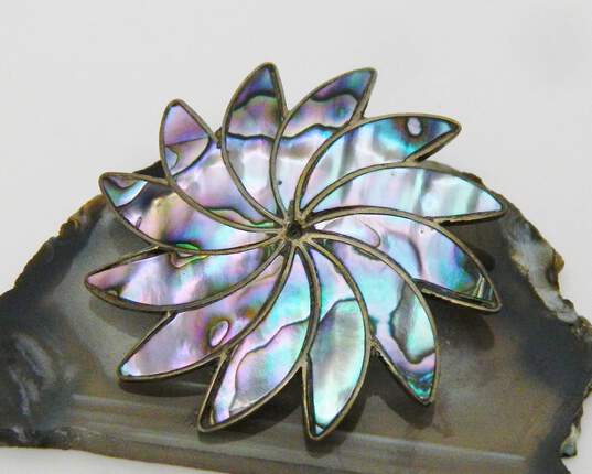Vintage Taxco Mexico 925 Purple & Blue Abalone Shell Inlay Flower Circle Pendant Brooch 5.5g image number 1