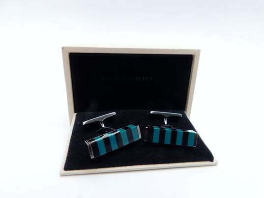 Burberry Bright Forest Green & Black Strip Inlay Resin Block Cuff Links w/ COA 11.0g image number 2
