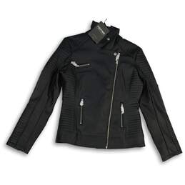 NWT Firstway Womens Black Leather Asymmetrical Zip Motorcycle Jacket Size Small