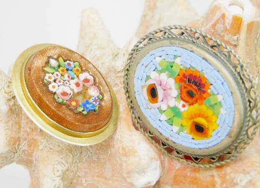 Vintage Goldtone & Silvertone Micro Mosaic Colorful Flowers Oval Brooches 12.2g image number 1
