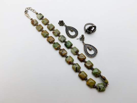 Rustic 925 Brown & Green Rainforest Jasper Granulated Beaded Necklace Floral Teardrop Drop Earrings & Brutalist Abstract Ring 54.4g image number 1