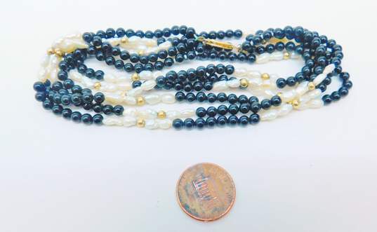 14K Gold Clasp & Ball White Freshwater Pearls & Onyx Beaded Multi Strand Necklace 26.7g image number 5