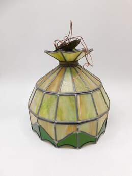 Vintage Green Earth Tone Tiffany Style Stained Slag Glass Hanging Light