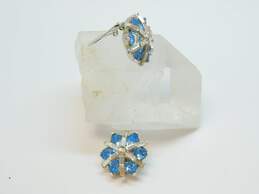 VTG Crown Trifari Silver Tone Blue & Clear Rhinestone Flower Clip Earrings 16.8