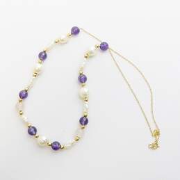 14K Yellow Gold Amethyst & Freshwater Pearl Beaded Necklace 7.4g alternative image