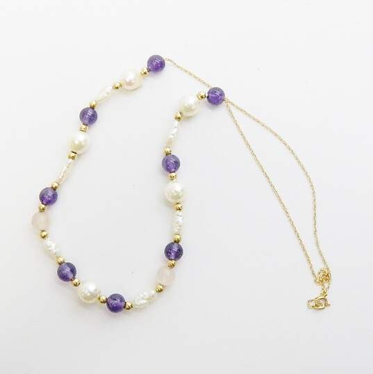14K Yellow Gold Amethyst & Freshwater Pearl Beaded Necklace 7.4g image number 2
