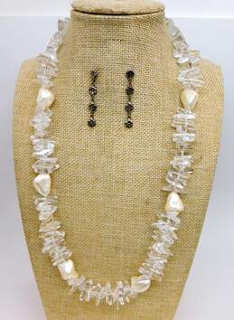 Boho Romantic 925 Sterling Silver Daisy Flower Drop Earrings & Clear Quartz & Faux Pearl Necklace 83.2g