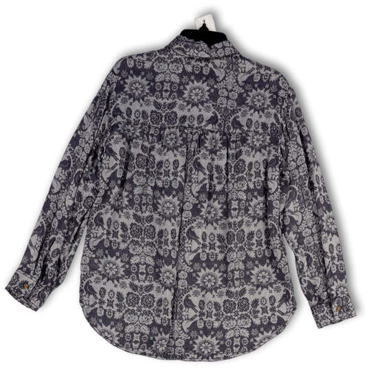 Womens Gray Blue Floral Collared Long Sleeve Pocket Button-Up Shirt Size M image number 2